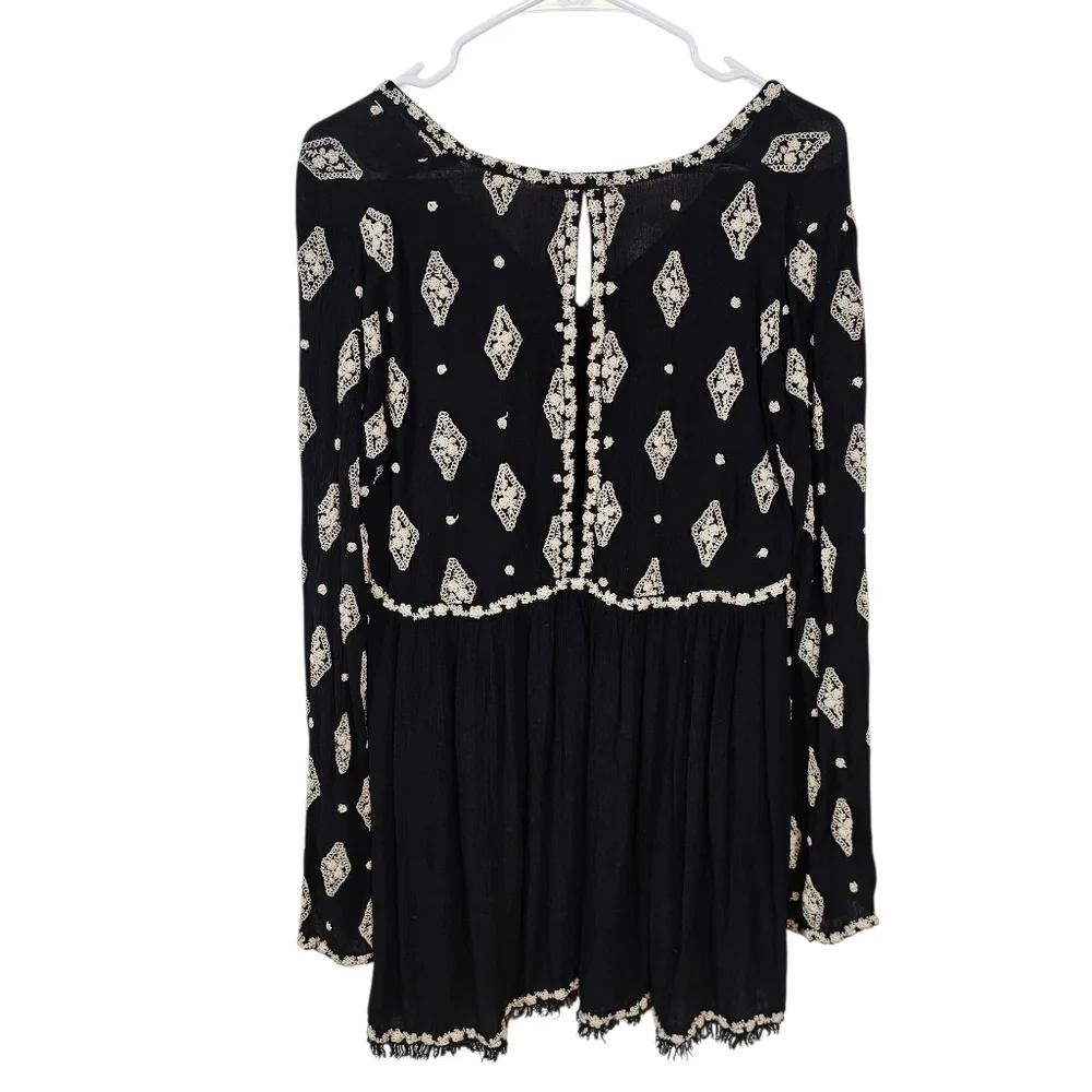 Free People Diamond Embroidered Bell Sleeve Tunic Mini Dress Swing Keyhole